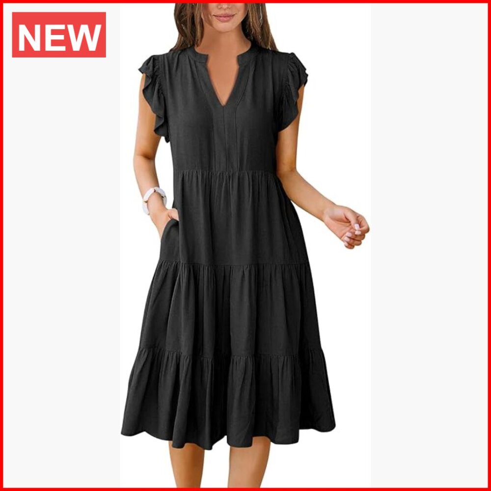 Ruffle Sleeve V Neck Midi Dress Casual Fit Flowy Tiered Boho Summer